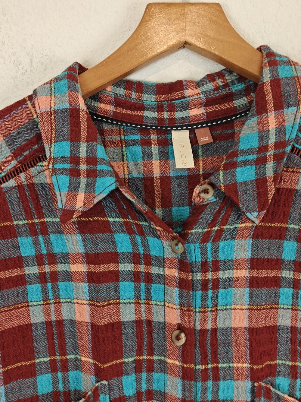 Pilcro Long Plaid Button-Down Shirt Dress in Burgundy and Teal - Picture 11 of 16
